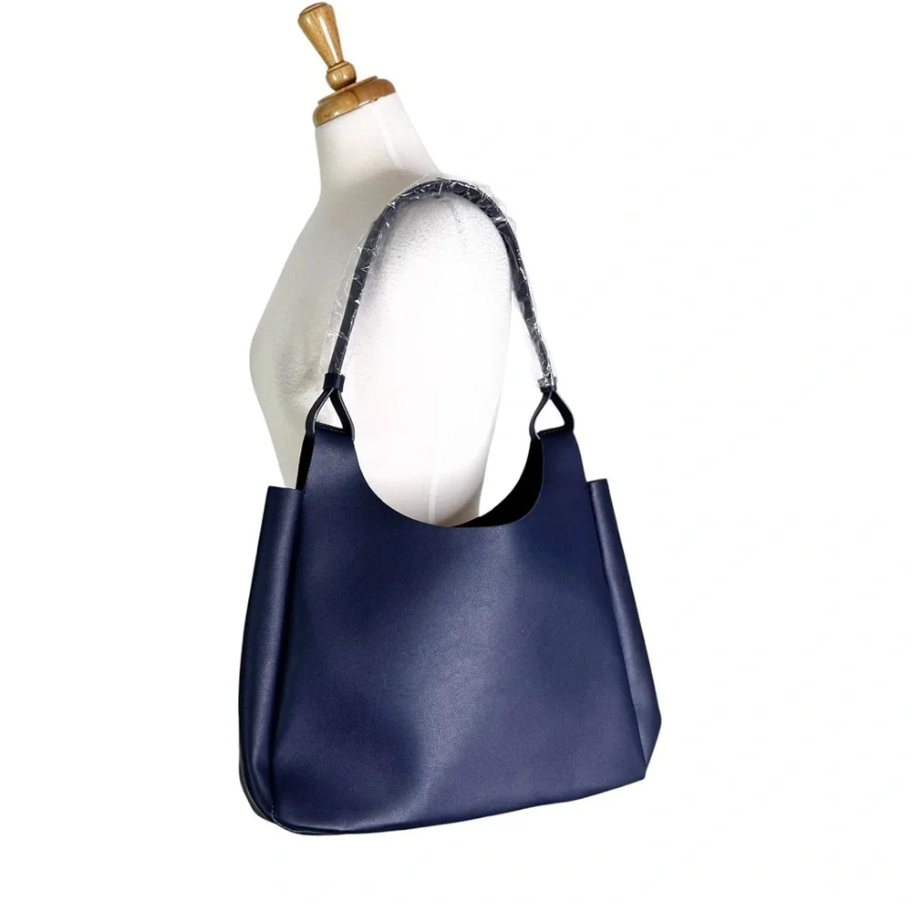 NEW Neiman Marcus Vegan Faux Leather Large Tote Bag Blue